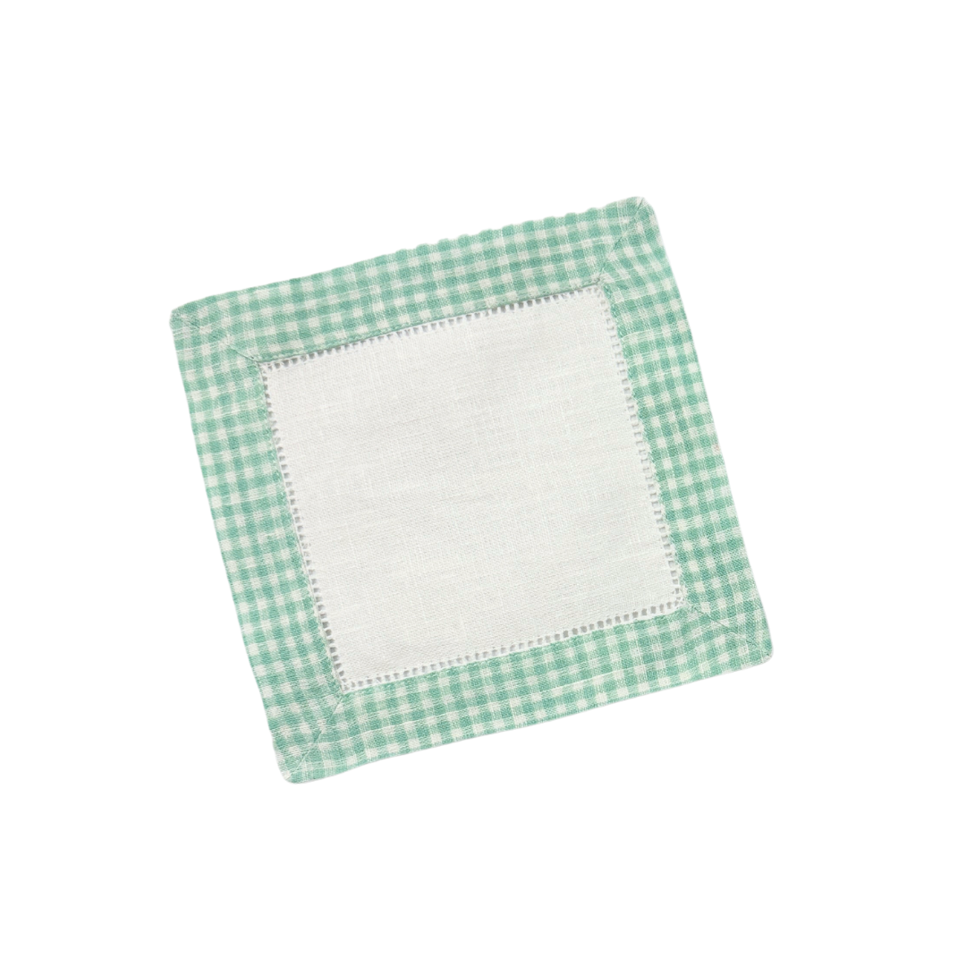 Check Mate Hemstitch Linen Cocktail Napkin: Celadon Set of 4