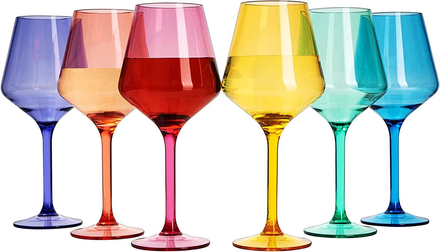 Colored Stemmed Wine Glasses, Acrylic oz Set - 6 Unbreakable