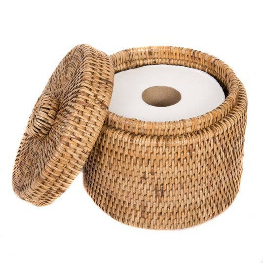 Rattan Round Single Tissue Roll Box: White Wash