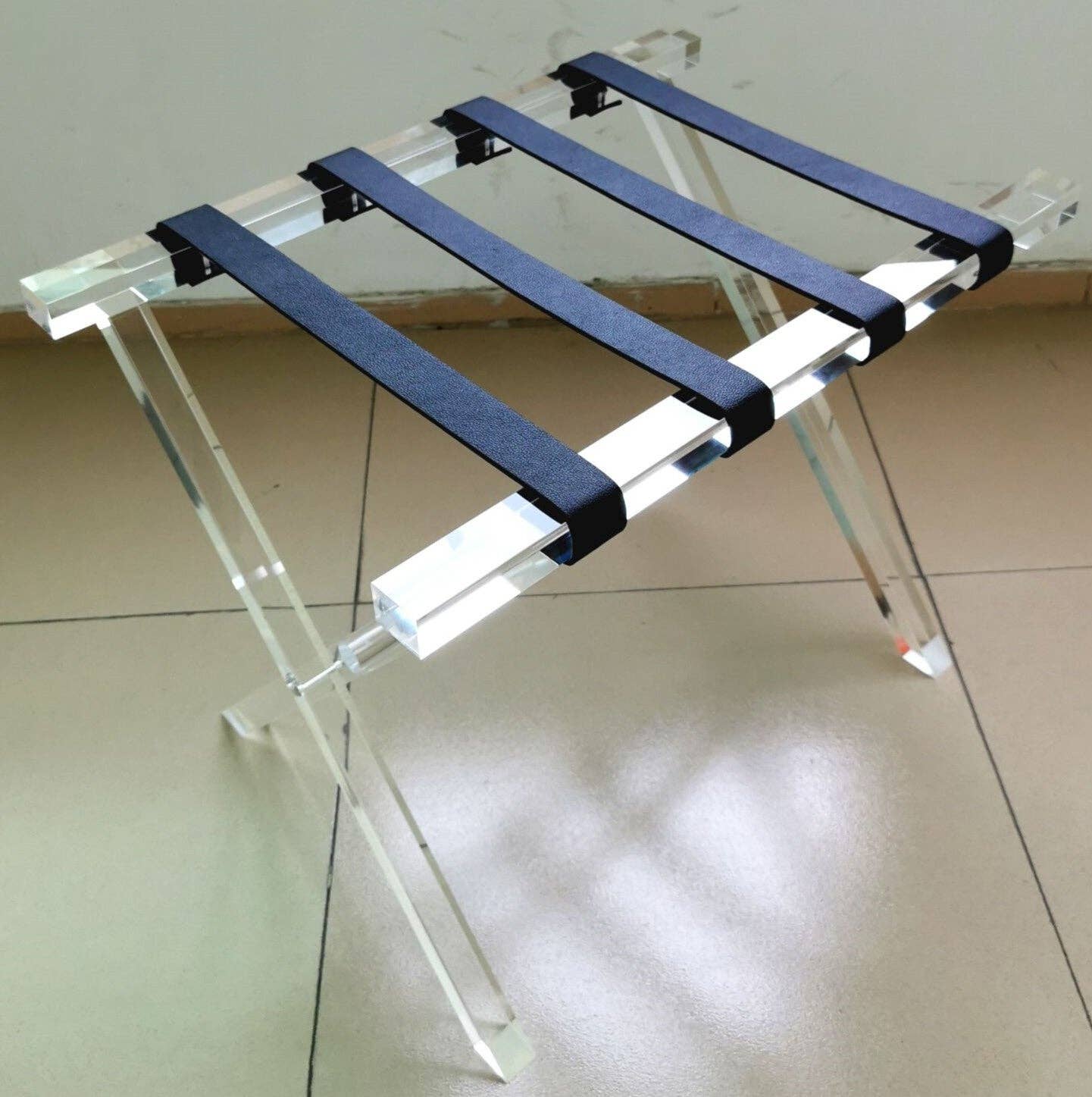 Acrylic Luggage Rack with Black Leather Straps