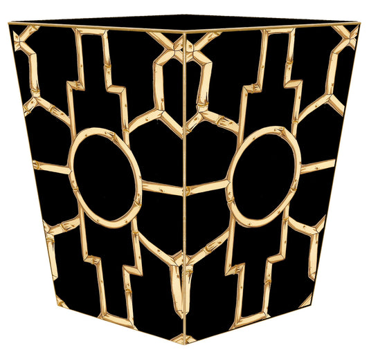 Bamboo on Black: Wood Scalloped Top Wastebasket