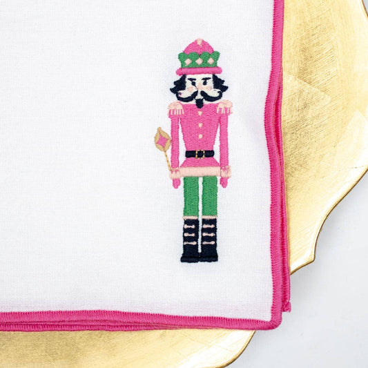 Nutcracker Embroidered Napkin White/Hot Pink Set of 4