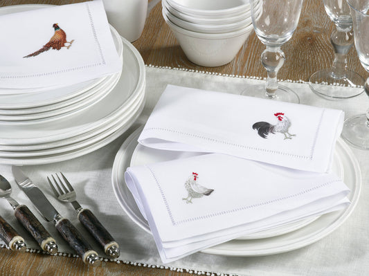 Embr'd Pheasant Hemstitch Napkin: White Set of 4