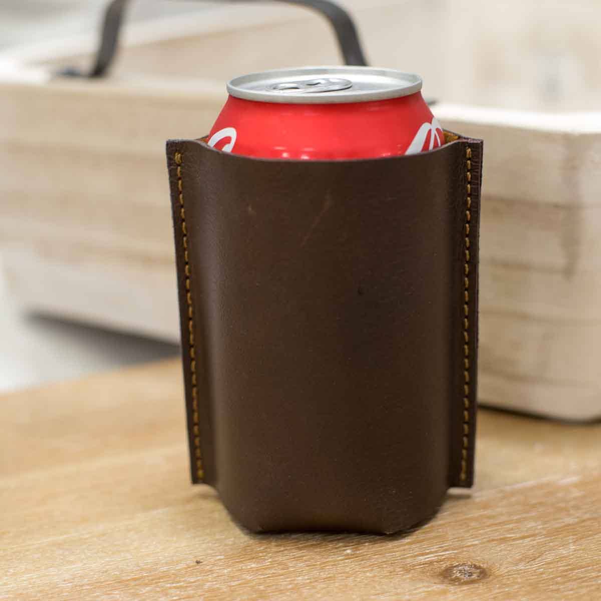 SALE Leather Can Cooler   Dark Brown   4.5x4
