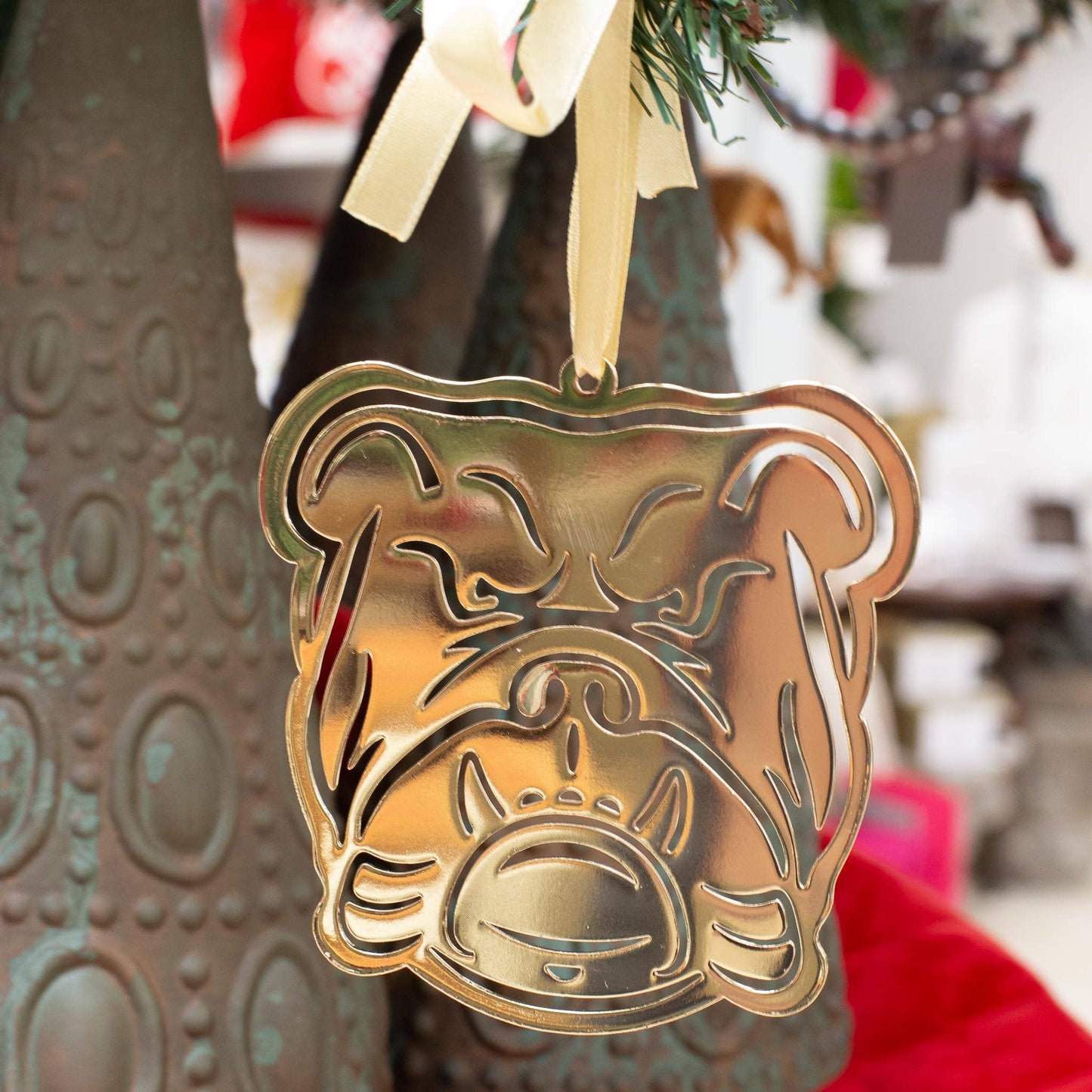 Bulldog Face Ornament Gold 4"