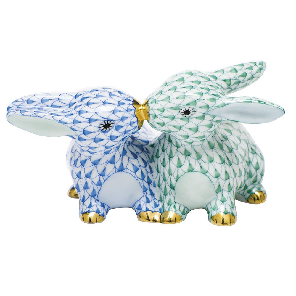 Herend Kissing Bunnies Green and Blue