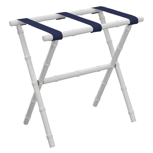 White Bamboo Wood Luggage Rack with Navy Straps