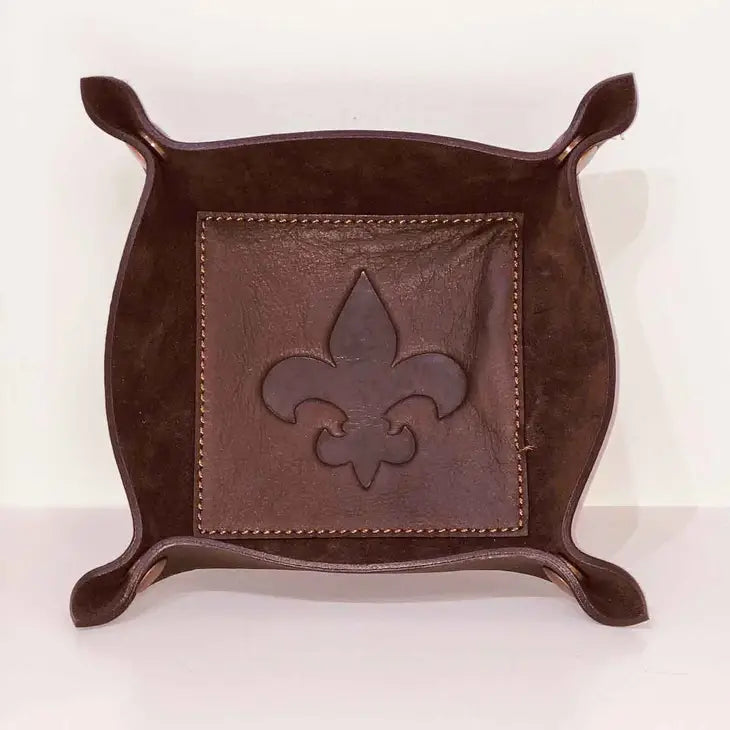 Fleur De Lis Leather Embossed Valet Tray Dark Brown 8x8