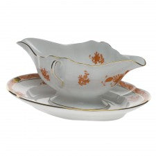 Herend Chinese Bouquet Rust Gravy Boat with Fixed Stand
