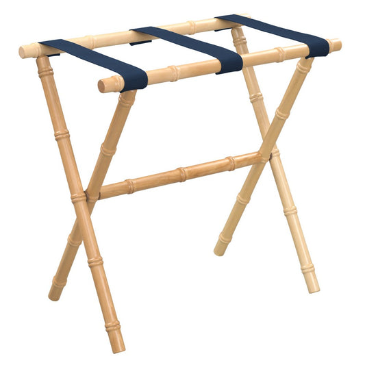 Natural Bamboo Wood Luggage Rack with Navy Straps