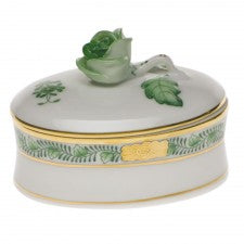 Herend Chinese Bouquet Green Oval Box with Rose