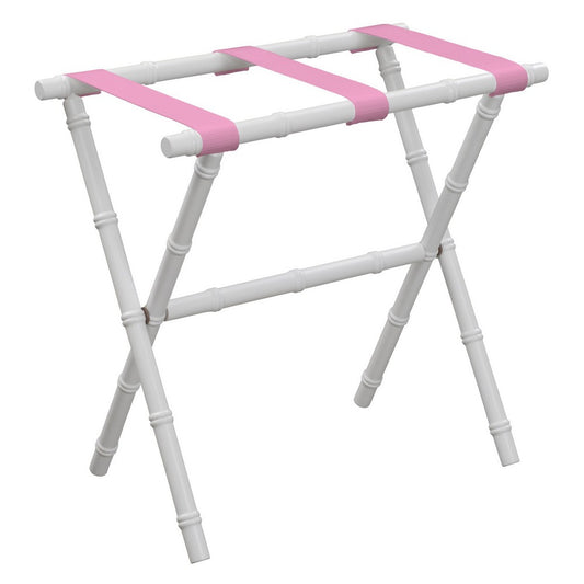 White Bamboo Wood Luggage Rack with Pink Straps
