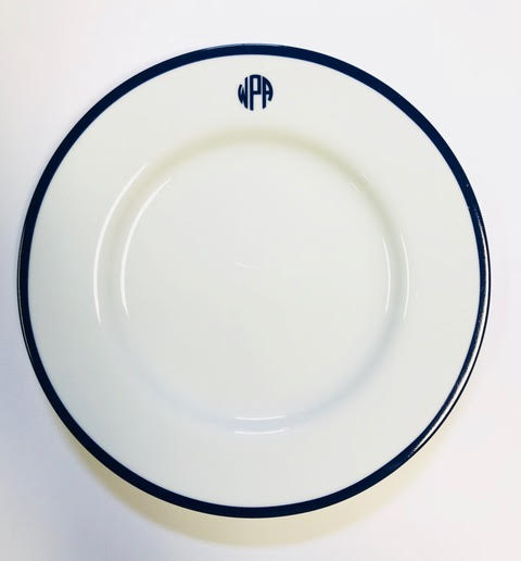 Pickard signature ultra white monogram cobalt salad plate