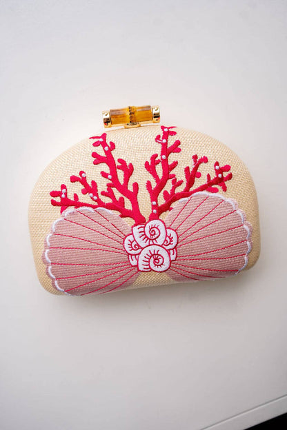 Coral and Shell Clutch- Embroidered - WS: Pink