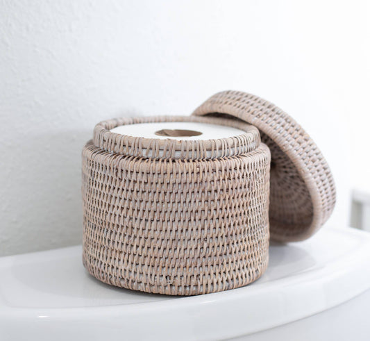Rattan Round Single Tissue Roll Box: White Wash