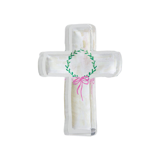 Cream Acrylic Cross with Wreath and Pink Bow