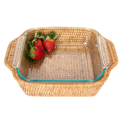 Rattan Square Baker Basket with Pyrex Dish: White Wash