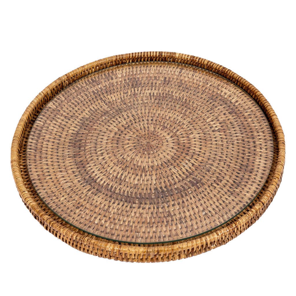 Round Rattan Flat Serving Tray with Removable Glass Insert: Honey Brown / 16"x16"x1"