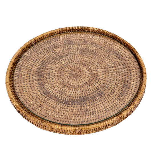 Round Rattan Flat Serving Tray with Removable Glass Insert: Honey Brown / 16"x16"x1"
