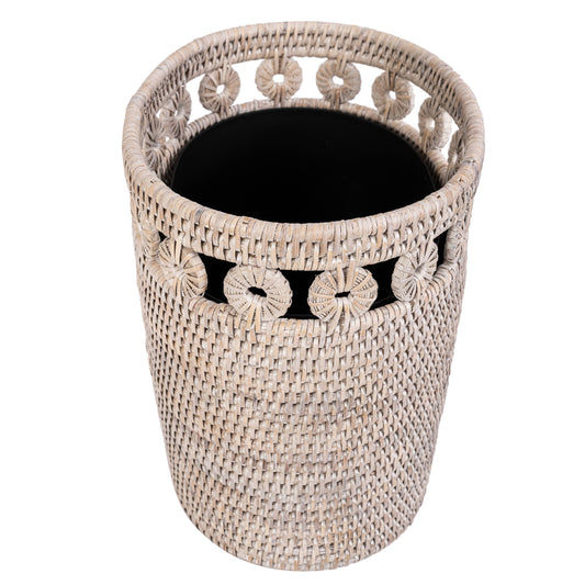 Oval Rattan Waste Basket with Metal Liner: White Wash