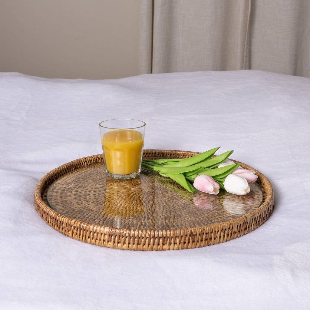 Round Rattan Flat Serving Tray with Removable Glass Insert: Honey Brown / 16"x16"x1"