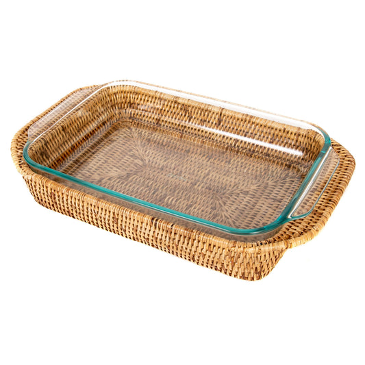 Rattan Rectangular Baker Basket with Pyrex – 13 Inch: White Wash