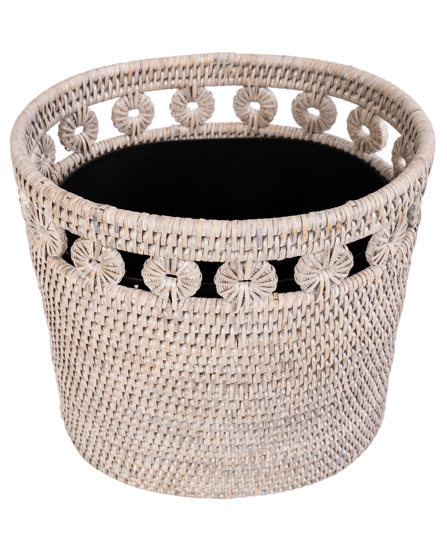 Oval Rattan Waste Basket with Metal Liner: White Wash