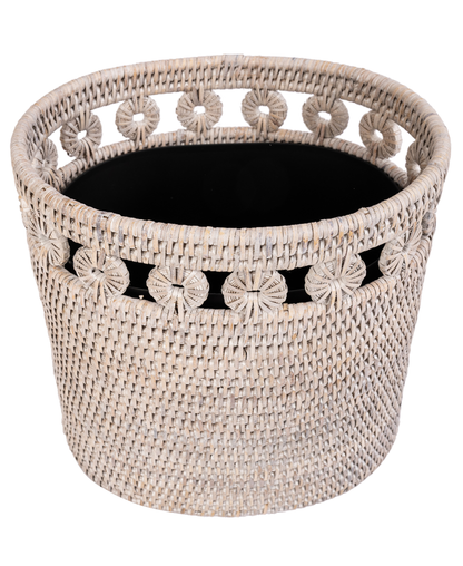 Oval Rattan Waste Basket with Metal Liner: White Wash