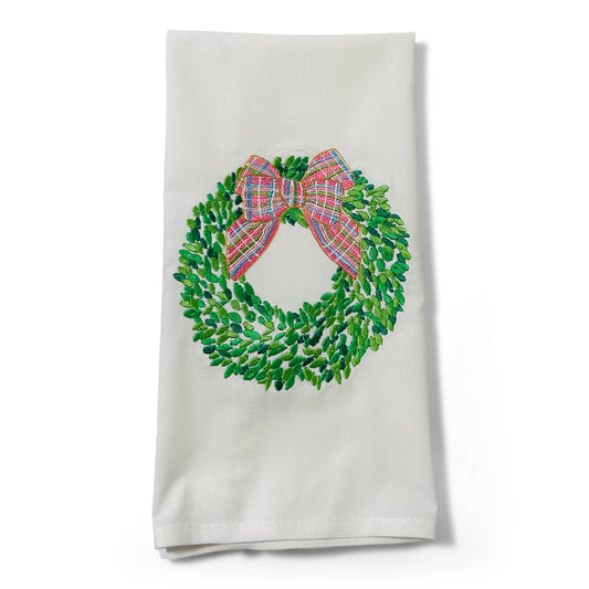 Towel - Boxwood Wreath with Pink Bow on white