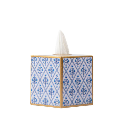 Marigold Lattice Enameled Tissue Box Cover: Blue