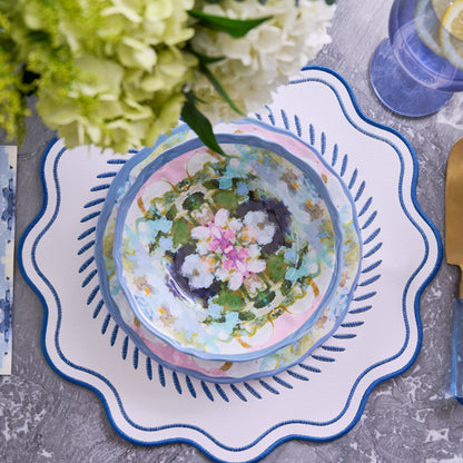 Scalloped Embroidered Feather Placemats Navy, Set of 4