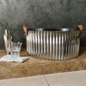 Stainless Steel Ribbed Ice Bucket with leather handles Large
