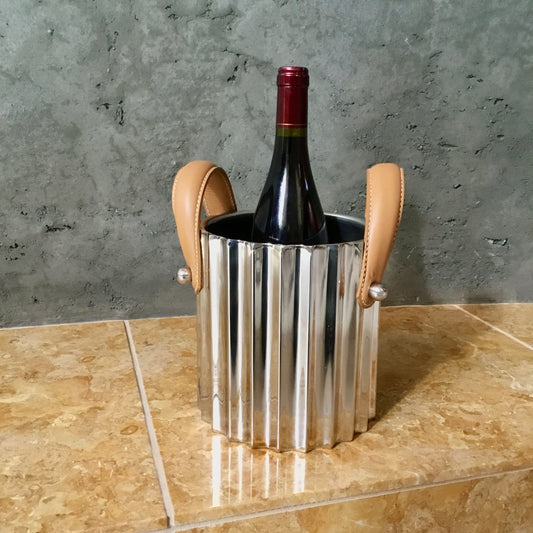 Stainless Steel Ribbed Ice Bucket with Leather Handles Small