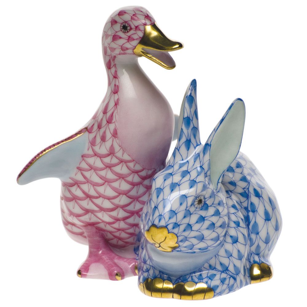 Herend Ducking and Bunny Raspberry and Blue