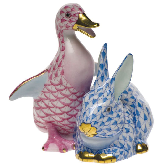 Herend Ducking and Bunny Raspberry and Blue