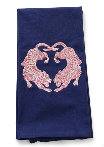 Towel - Twin Tigers Chinoiserie - Pink on navy