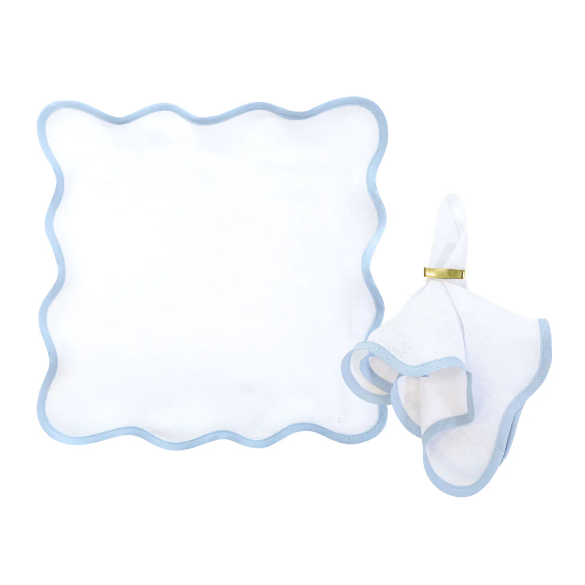 Linen Scalloped Square Lilly White with Cornflower Blue Trim
