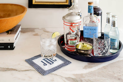 Check Mate Hemstitch Linen Cocktail Napkin: Naval Blue Set of 4