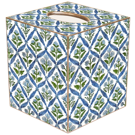 Blue Block Print Floral Pattern Tissue Box: Paper Mache
