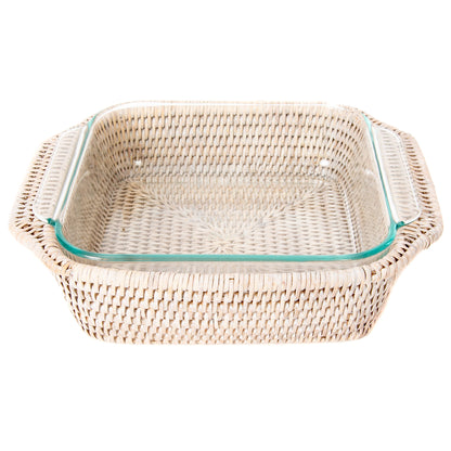 Rattan Square Baker Basket with Pyrex Dish: White Wash