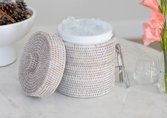 Rattan Ice Bucket with Tongs – Beverage Cooler: White Wash / Small