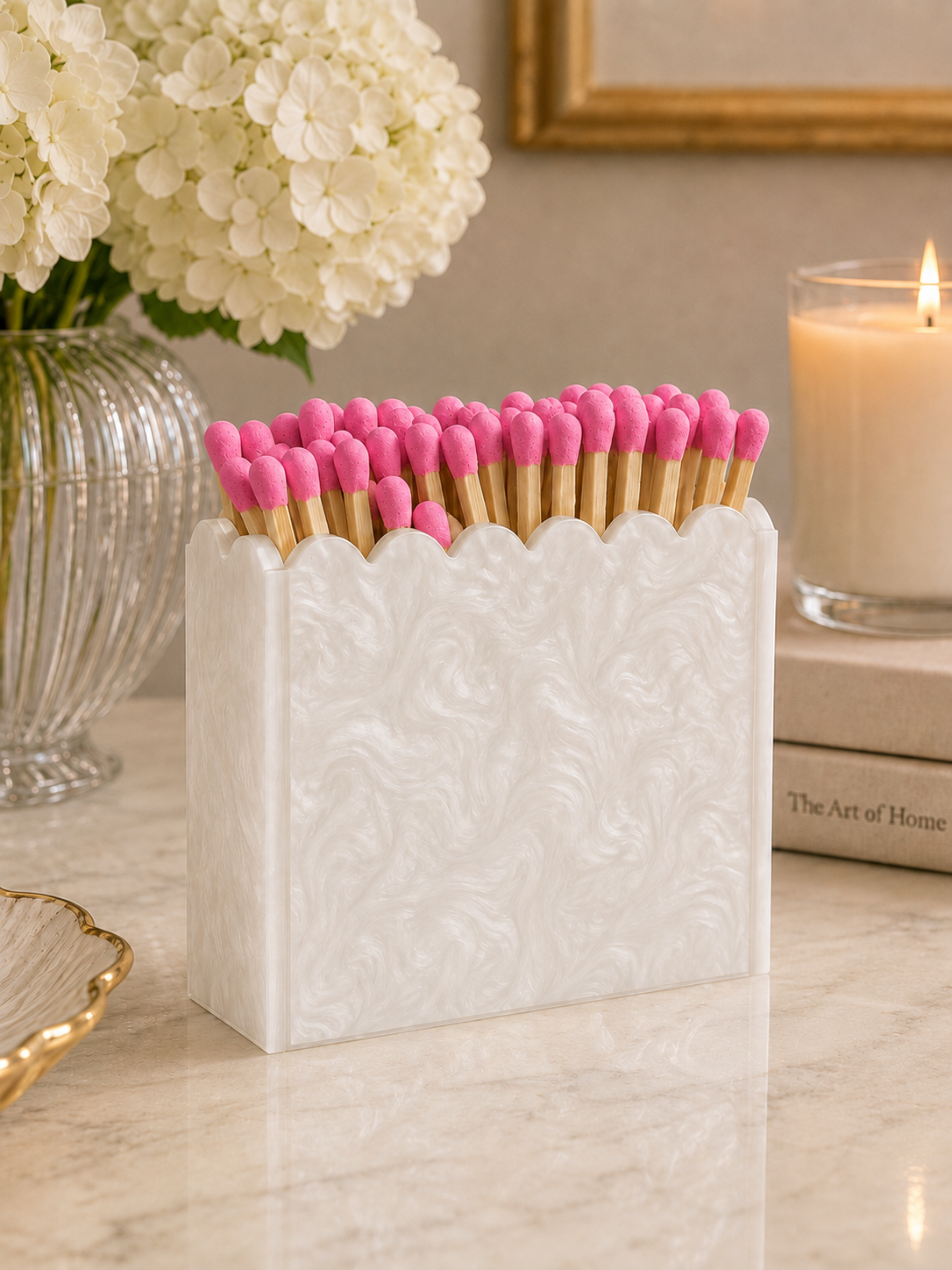 White Pearl Scalloped Acrylic Match Holder with 3-Inch Matches: Peony (Pink)