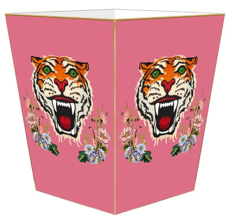 Tiger on Pink and Blue Wastepaper Basket: Pink / Scalloped Top