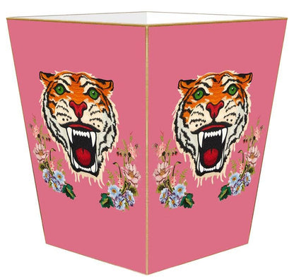 Tiger on Pink and Blue Wastepaper Basket: Pink / Scalloped Top