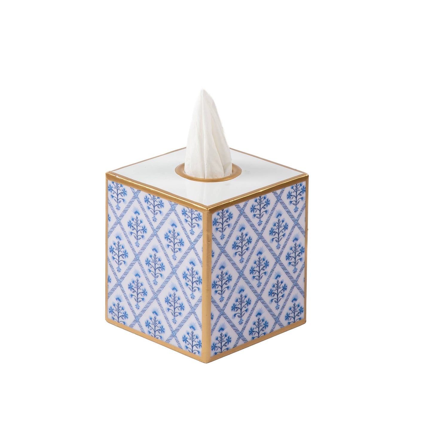 Marigold Lattice Enameled Tissue Box Cover: Blue