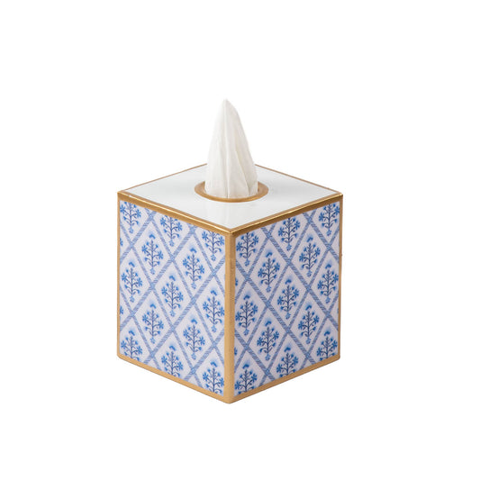 Marigold Lattice Enameled Tissue Box Cover: Blue