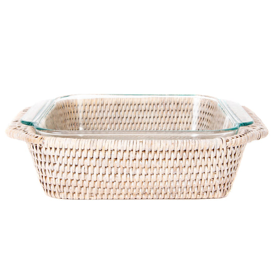 Rattan Square Baker Basket with Pyrex Dish: White Wash