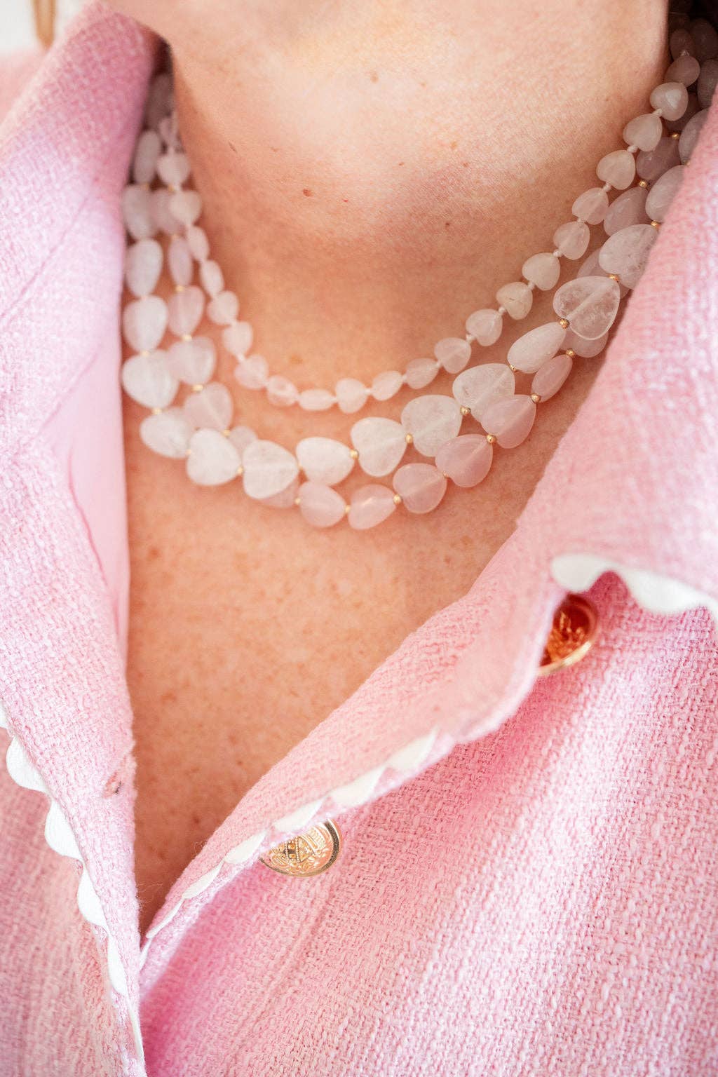 Heart- 14MM - Quartz Beaded Necklace - WS: Pink