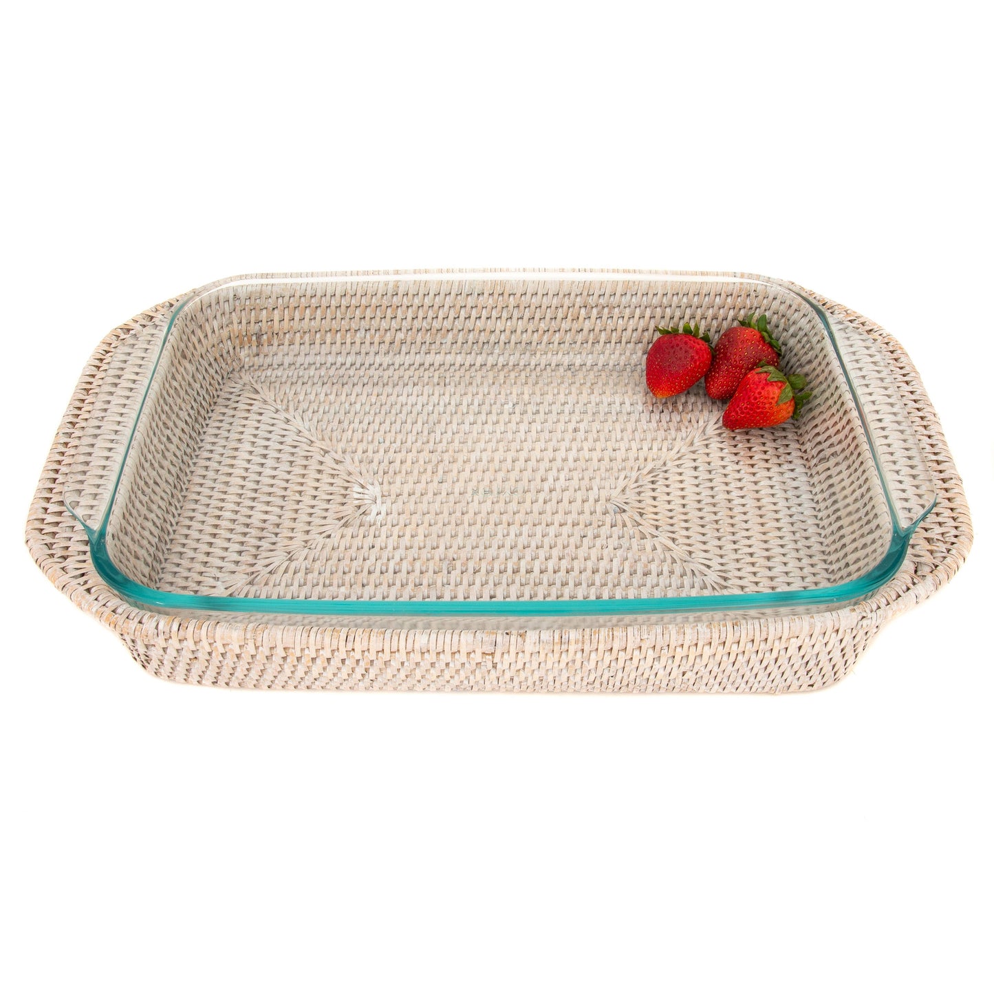 Rattan Rectangular Baker Basket with Pyrex – 13 Inch: White Wash