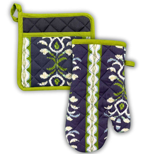 Rosemary Stripe Indigo Oven Mitt and Pot Holder Set: One Size